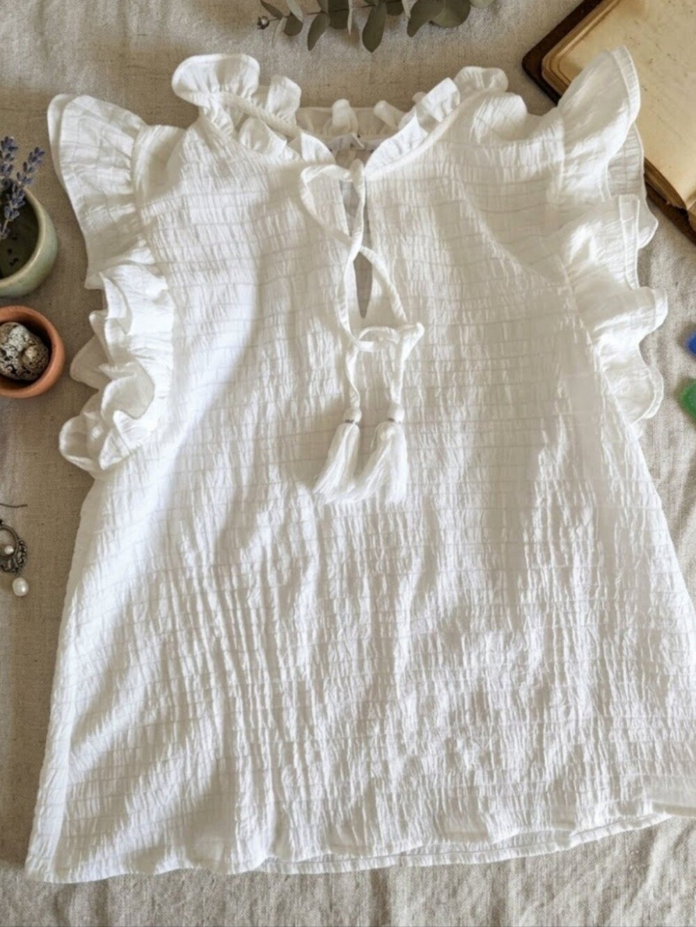 THML White Textured Sleeveless Blouse Ruffle Shoulder Tassel Tie Boho